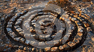 An aerial view of a labyrinth made out of small rocks with a large tree of life at its center. The winding paths