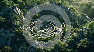 An aerial view of a labyrinth or maze in a forest, post-apocalyptic, lush scenery.
