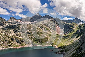 Aerial view at Lac d`Artouste in Pyrenees Orientals mountains in France