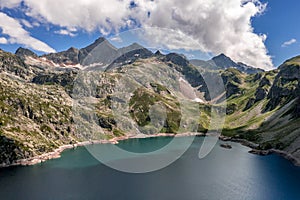 Aerial view at Lac d`Artouste in Pyrenees Orientals mountains in France