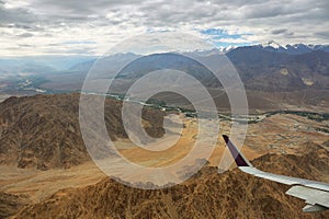 Aerial view of Ladakh region from the airplane window, India