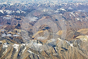 Aerial view of Ladakh region from the airplane window, India