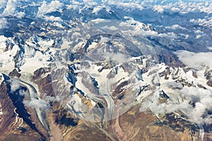 Aerial view of Ladakh region from the airplane window, India