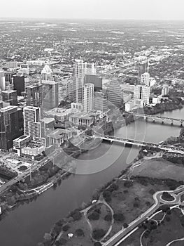 Aerial view of Lady Bird Lake and Austin Texas