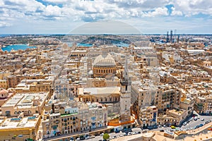 Aerial view of Lady of Mount Carmel church, St.Paul`s Cathedral in Valletta city center, Malta