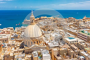 Aerial view of Lady of Mount Carmel church, St.Paul`s Cathedral in Valletta city center, Malta