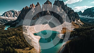 Aerial view of Lago Antorno, Dolomites, Lake mountain landscape with Alps peak, Italy. Generative Ai