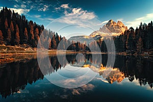 Aerial view of Lago Antorno, Dolomites, Lake mountain landscape