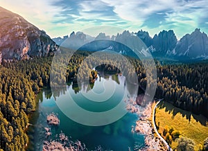 Aerial view of Lago Antorno Dolomites Lake mountain landscape. Generative AI