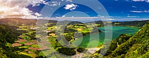 Aerial view of Lagoa das Furnas located on the Azorean island of Sao Miguel, Azores, Portugal. Lake Furnas (Lagoa das Furnas) on