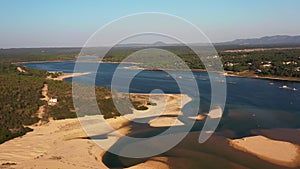 Aerial view of Lagoa de Albufeira, natural lake meeting the Atlantic Ocean in south Portuguese coastline