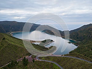 Aerial view of Lagoa do Fogo, a volcanic lake in Sao Miguel, Azores Islands. Portugal landscape