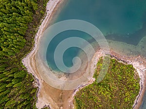 Aerial view of Lagoa do Fogo, a volcanic lake in Sao Miguel, Azores Islands. Portugal landscape