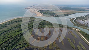 Aerial view of the lagoon of Caorle, in Brussa, province of Venice