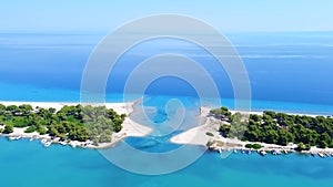 Aerial view of lagoon with dock harbor for ships and boats and sand beaches