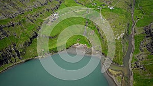 Aerial view of lagoon in Saksun village, Faroe Islands. Amazing Faroese nature.