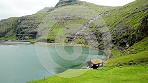 Aerial view of lagoon in Saksun village, Faroe Islands. Amazing Faroese nature.