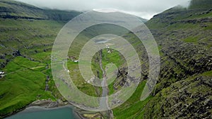 Aerial view of lagoon in Saksun village, Faroe Islands. Amazing Faroese nature.