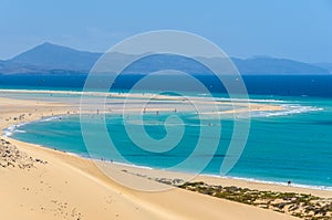 Aerial view of the lagoon on Sotavento Beach in Fuerteventura, S