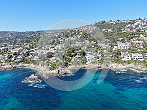Aerial view of Laguna Beach coastline town wealthy villas on the cliff, California