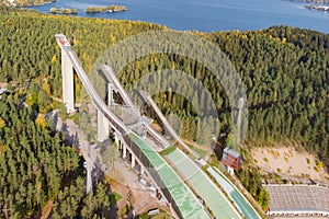 Aerial view of Lahti sports centre with three ski jump towers