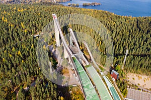 Aerial view of Lahti sports centre with three ski jump towers