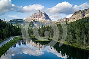 Aerial view of Lake Antorno in Dolomites, Italy.