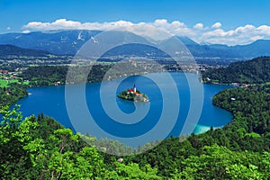 Aerial view of Lake Bled, Alps, Slovenia, Europe