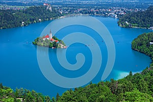 Aerial view of Lake Bled, Alps, Slovenia, Europe
