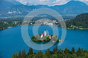 Aerial view of Lake Bled, Alps, Slovenia, Europe