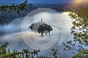 Aerial view of Lake Bled Alps Slovenia Europe. Mountain alpine lake.