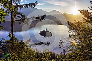 Aerial view of Lake Bled Alps Slovenia Europe. Mountain alpine lake.