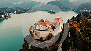 Aerial view of Lake Bled and the castle of Bled, Slovenia, Europe. Aerial drone photography.