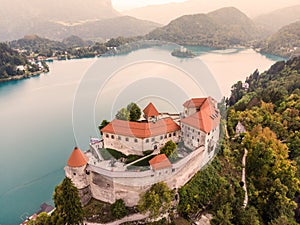 Aerial view of Lake Bled and the castle of Bled, Slovenia, Europe. Aerial drone photography
