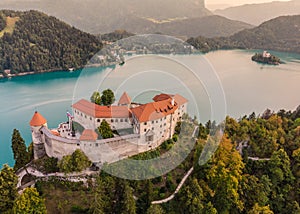 Aerial panoramic view of Lake Bled and the castle of Bled, Slovenia, Europe. Aerial drone photography