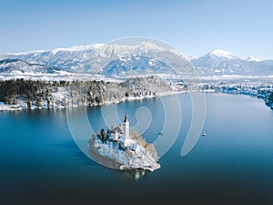 Aerial view of Lake Bled in winter, Bled, Slovenia
