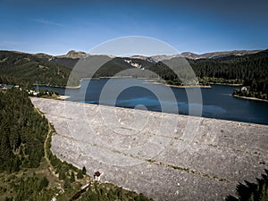 Aerial view of Lake Bolboci in the Bucegi Mountains, Romania