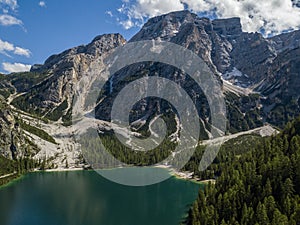 Aerial view of the Lake Braies, Pragser Wildsee is a lake in the Prags Dolomites in South Tyrol, Croda del Becco. Italy