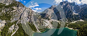 Aerial view of the Lake Braies, Pragser Wildsee is a lake in the Prags Dolomites in South Tyrol, Croda del Becco. Italy