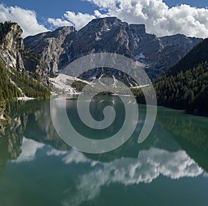 Aerial view of the Lake Braies, Pragser Wildsee is a lake in the Prags Dolomites in South Tyrol, Croda del Becco. Italy