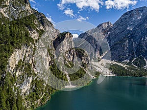 Aerial view of the Lake Braies, Pragser Wildsee is a lake in the Prags Dolomites in South Tyrol, Italy.