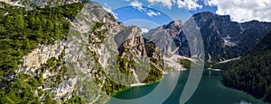 Aerial view of the Lake Braies, Pragser Wildsee is a lake in the Prags Dolomites in South Tyrol, Italy.