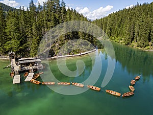 Aerial view of the Lake Braies, Pragser Wildsee is a lake in the Prags Dolomites in South Tyrol, Italy