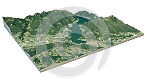Aerial view of Lake Como and the surrounding area map in 3d