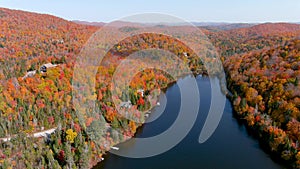 Aerial view of a lake and fall season foliage colors