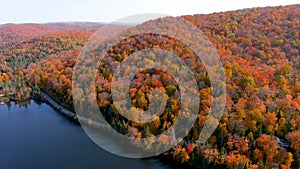 Aerial view of a lake and fall season foliage colors