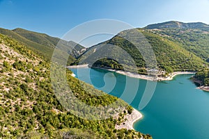 Aerial view of lake Fiastra in Sibillini mountains Marche, Italy