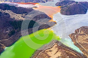 Aerial view of a lake filled with chemical waste water