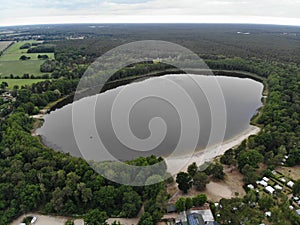 Aerial view of lake Gorinsee, a natural body of water in the municipality of Wandlitz in the Brandenburg district of Barnim.