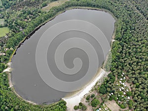 Aerial view of lake Gorinsee, a natural body of water in the municipality of Wandlitz in the Brandenburg district of Barnim.
